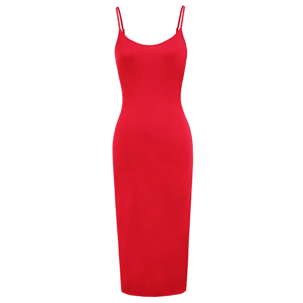 Привлекательное облегающее платье-комбинация, мягкое удобное женское платье на тонких бретельках, облегающее однотонное платье с v-образным вырезом, платье до середины икры kleider damen - Цвет: Red