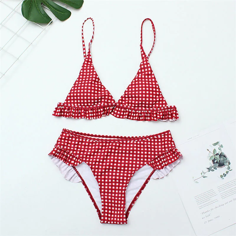 Plaids Women Bikini Set Bathing Suits Swimwear Ruffles Push up Triangle Swimsuits Sports Beachwear Vintage
