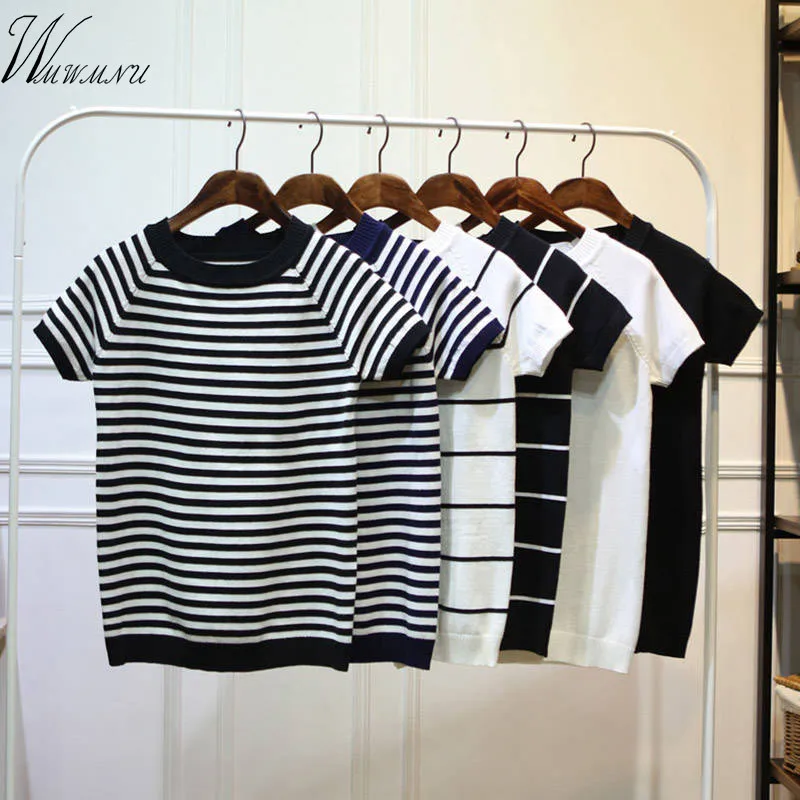 

Harajuku Vintage stripe Print knit t-Shirts 2019 summer Spring Women Ulzzang Casual Slim thin sweater Short Sleeve tee Top Femme