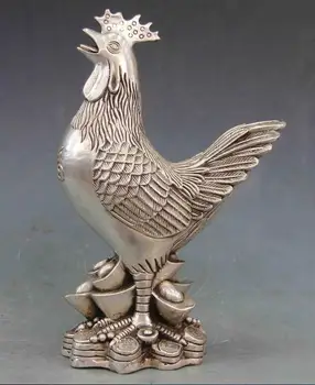 

Chinese White Copper Silver fengshui Lucky YuanBao Cion Zodiac Chicken Rooster