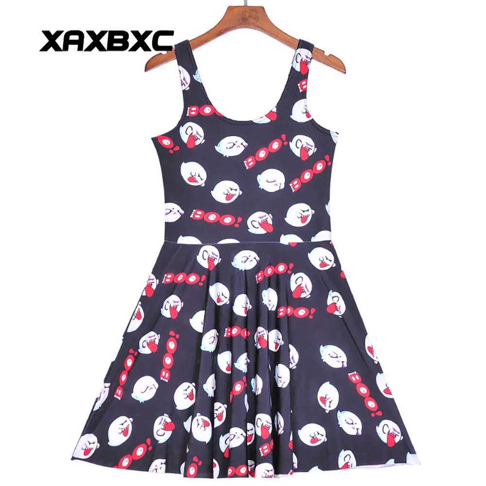 

NEW Arrival 1200 Sexy Girl Women Summer Boo funny face Evil 3D Prints Reversible Sleeveless Skater Pleated Dress Plus size