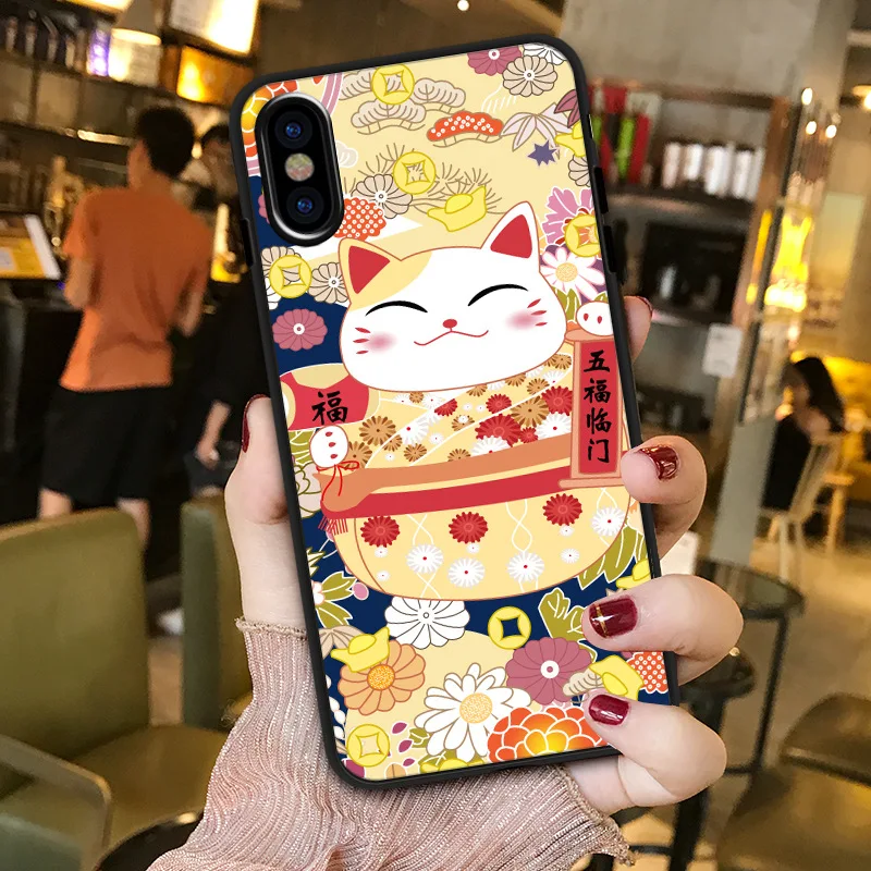 Японский милый счастливый кот kawaii чехол для телефона для coque iPhone 7 8 6 6S Plus X XS 11 Pro Max XR силиконовый чехол милый черный Кот Чехол s - Цвет: 04