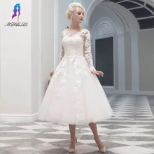 Classical Tea Length Long Sleeves Wedding Dresses With Lace Appliques Tulle V Neck Back Buttons Bride