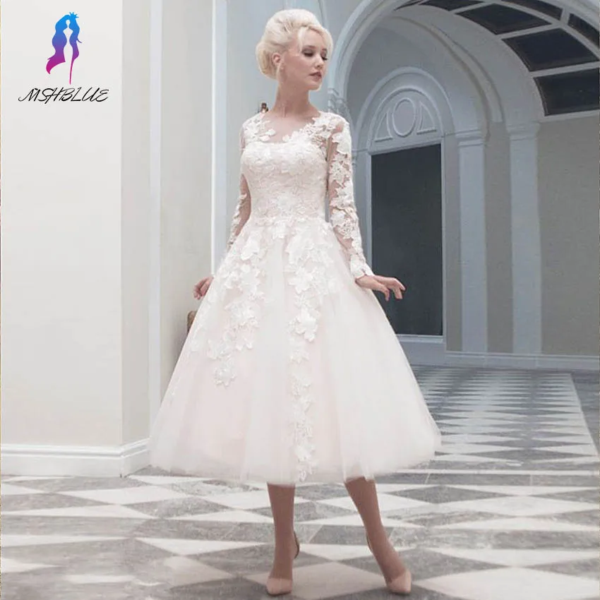 Classical Tea Length Long Sleeves font b Wedding b font font b Dresses b font With