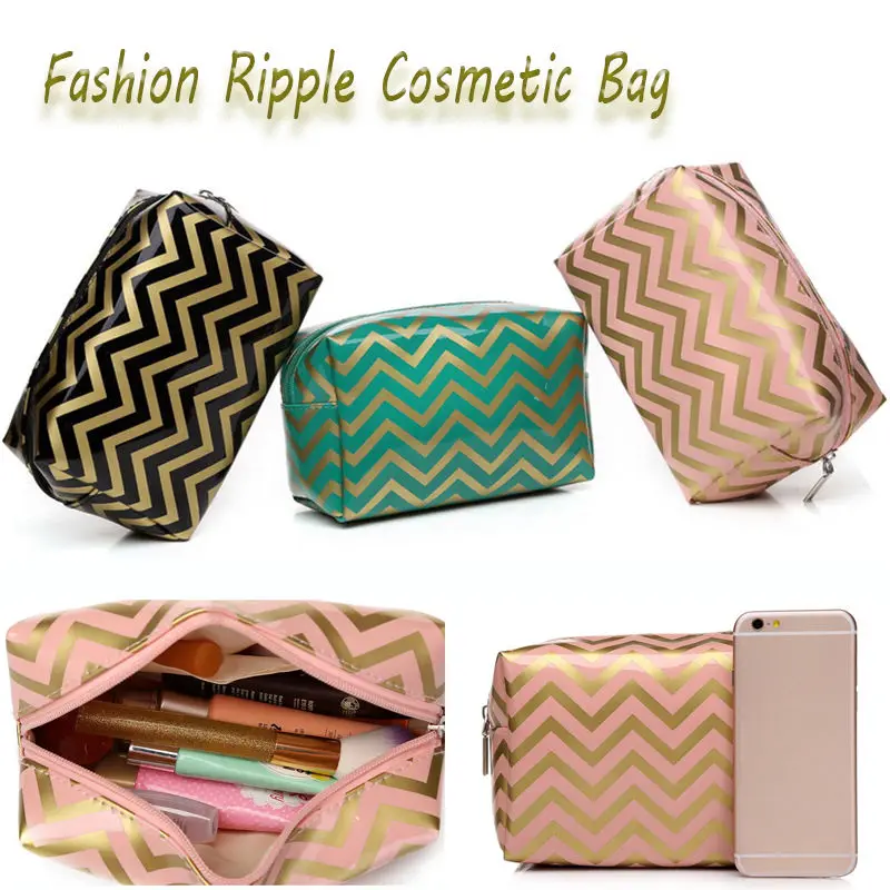

Cosmetic Bags Square Ripple PVC Travel Organizer Makeup Cosmetic Bag