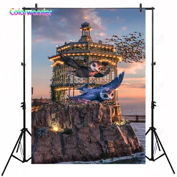 

Kids Party Photography Two Baby Birds Flying in the Air 5x7ft Ancient Tower with Lights Dusk Scenery Night Baby Shower Backdrops