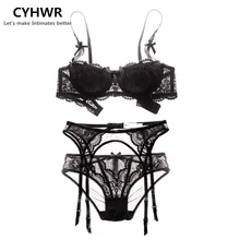 CYHWR women sexy bra set intimates embroidery half cup lingerie thin temptation black bra and panty with Garters Sets 3pcs/Lot