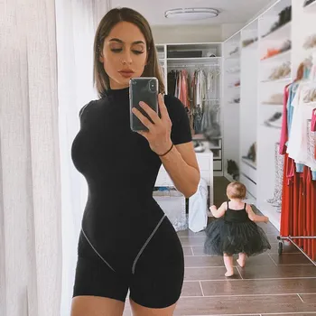 

Casual Fitness Active Wear Biker Playsuit Solid Workout Rompers Womens Jumpsuit Short Sleeve Push Up Rompers