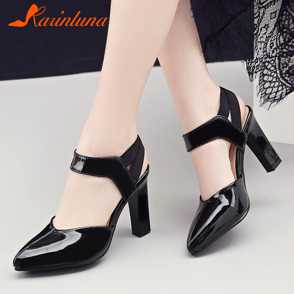 

KARINLUNA Women Shoes Big Size 33-45 Ankle Wrap Solid Square High Heels Pointed Toe Shoes Woman Casual Office Summer Sandals