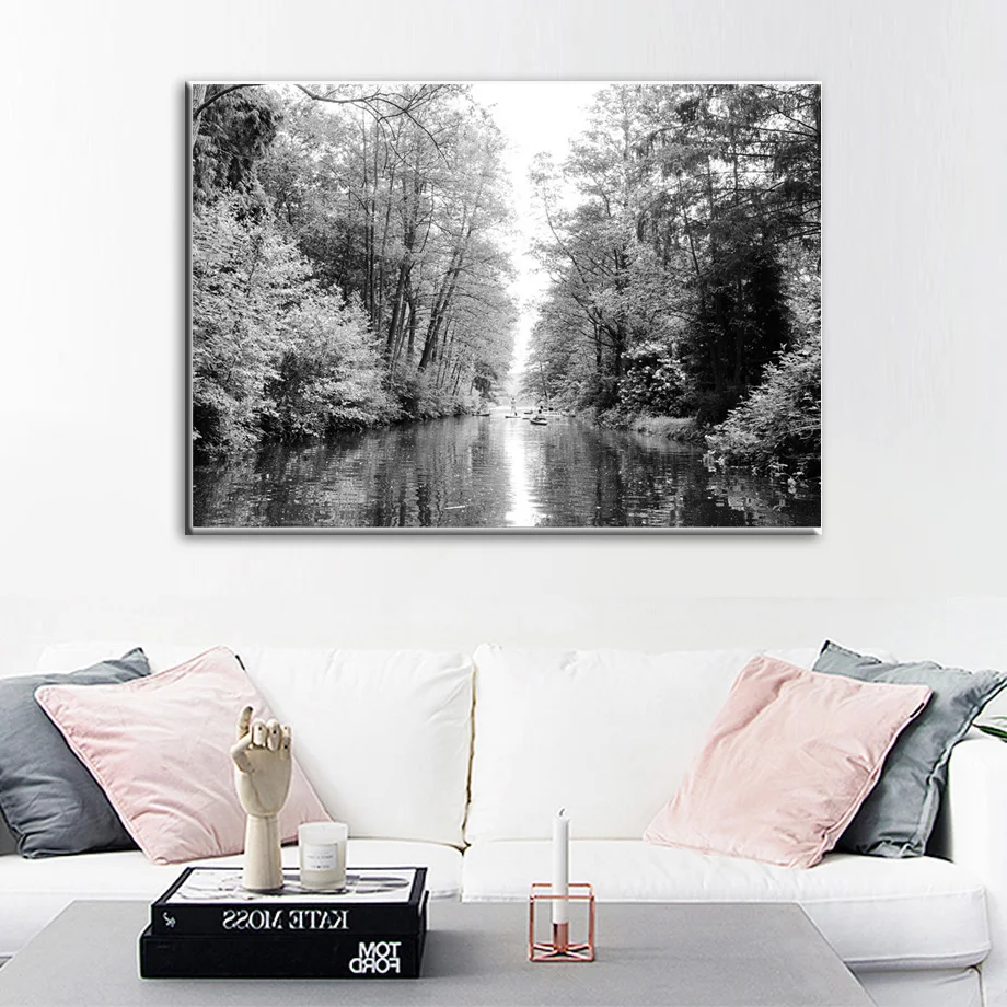 

River Forest Landscape Wall Art Canvas Painting Nordic Posters And Prints Black White Wall Pictures For Living Room Home Decor