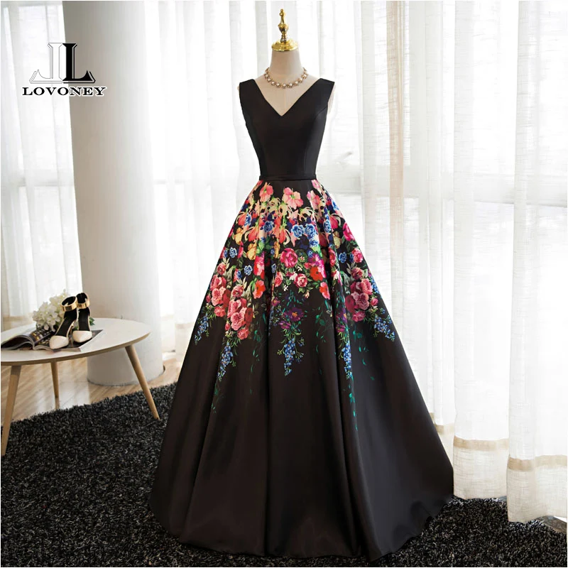 LOVONEY Evening Dresses Long A Line V Neck Sexy Formal Dress Flower Pattern Satin Party Dresses Evening Gown Lace-Up Back M242