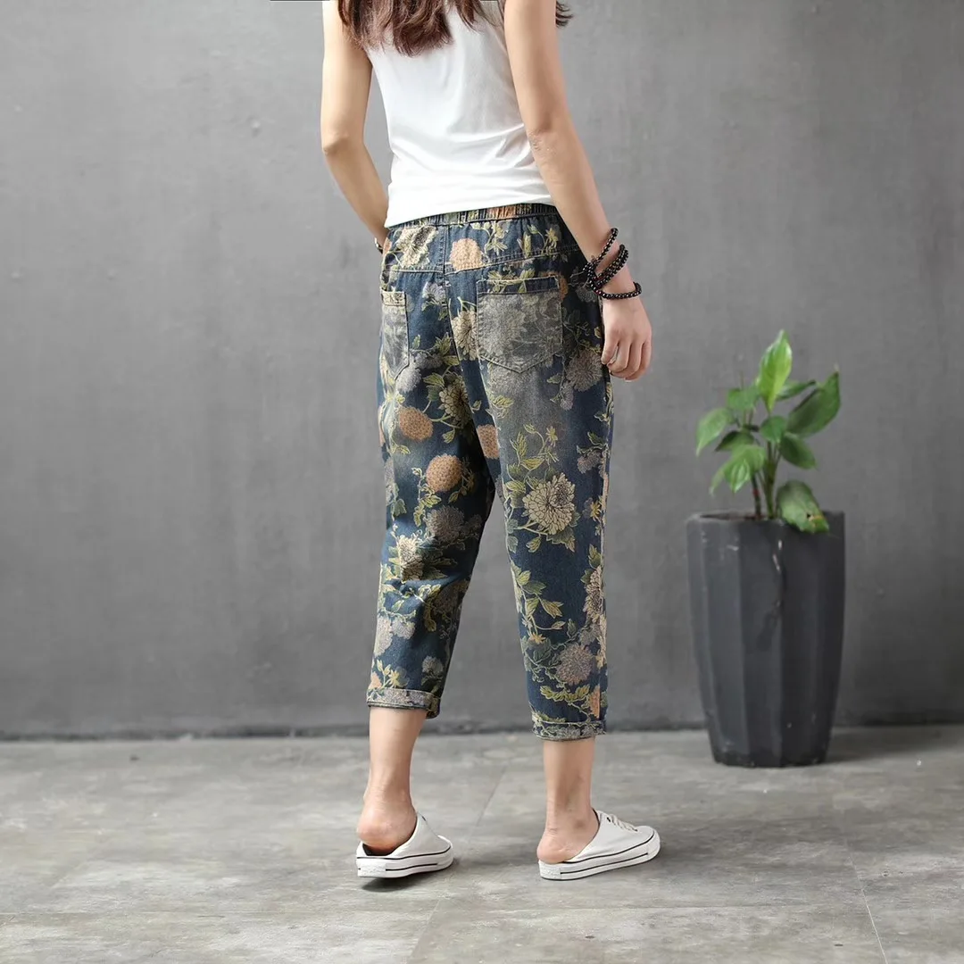 Летние женские джинсы большого размера, Свободные повседневные джинсовые штаны, новые женские винтажные отбеленные брюки с эластичным поясом и карманами