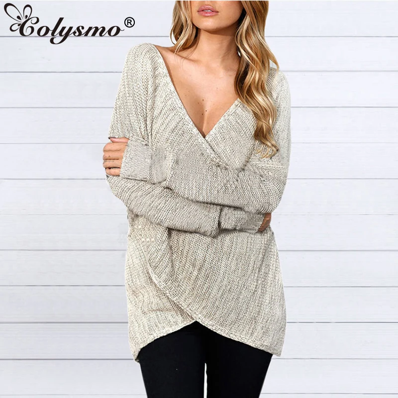 Colysmo Lady's Sweater Women Pullover Knitted V-Neck Sexy Jumper Long Sleeves Oversized Sweater Criss-Cross Knitwear Tops Shrugs