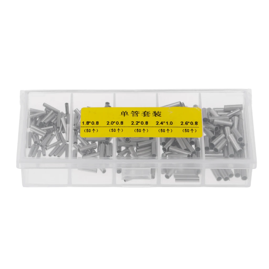 250 Pieces Fishing Single Barrel Crimp Sleeves Connectors Fishing Tackle Rigs Suit with Tackle box Fishing Accessories