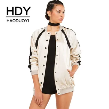 

HDY Haoduoyi New Fashion Women Bomber Jacket Color Contrast Ribbed Cuff Long Sleeve Coat Single-Breasted Jackets Outwear