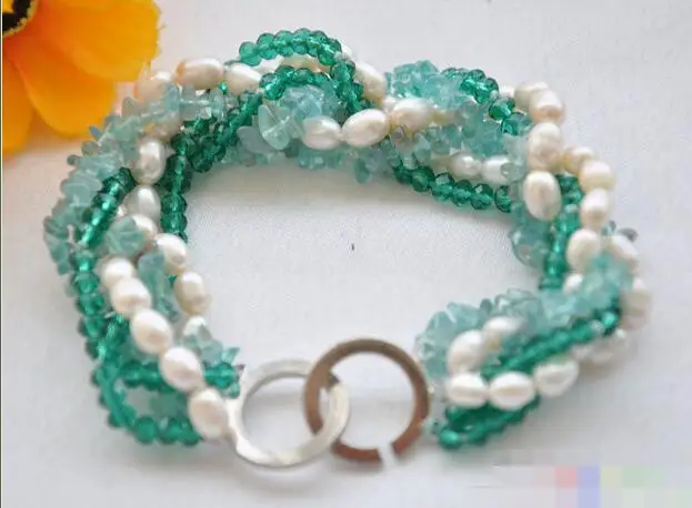 

1616 6row white pearl green faceted crystal bracelet