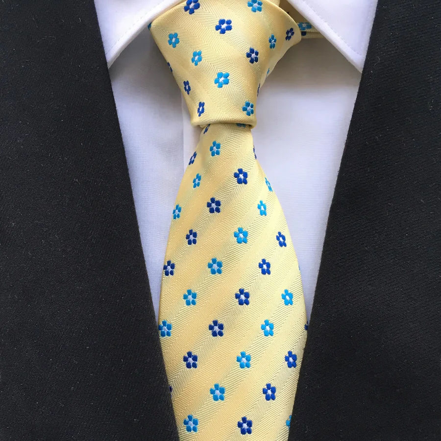 

8cm Luxury Formal Tie Men Unique Designer Neck Ties Yellow with Blue Flowers