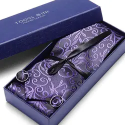Фиолетовый/синий цветочный галстук, носовой платок, Запонки Комплект Для мужчин 100% шелковые галстуки для Для мужчин Галстук Свадебный