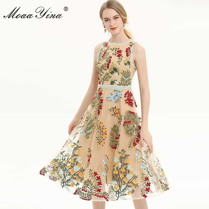 MoaaYina модельер взлетно-посадочной полосы платье сезон: весна–лето женское платье цветочный сетки с вышивкой для отдыха и вечеринок тонкие элегантные платья