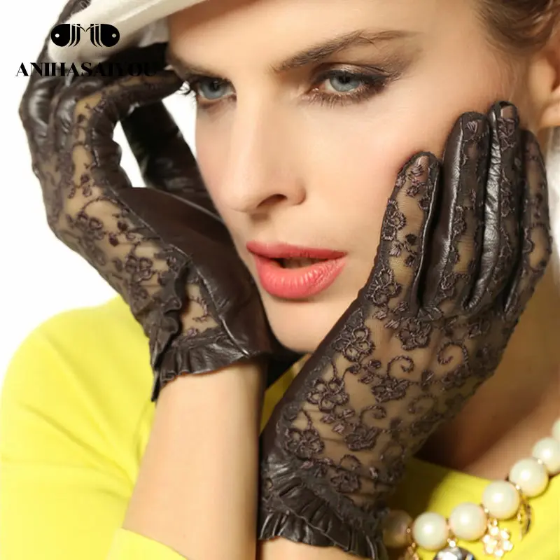 Высококачественные женские перчатки, женские кожаные перчатки для вождения, модные кружевные перчатки, короткие перчатки из натуральной кожи-L095 - Цвет: Темно-коричневый