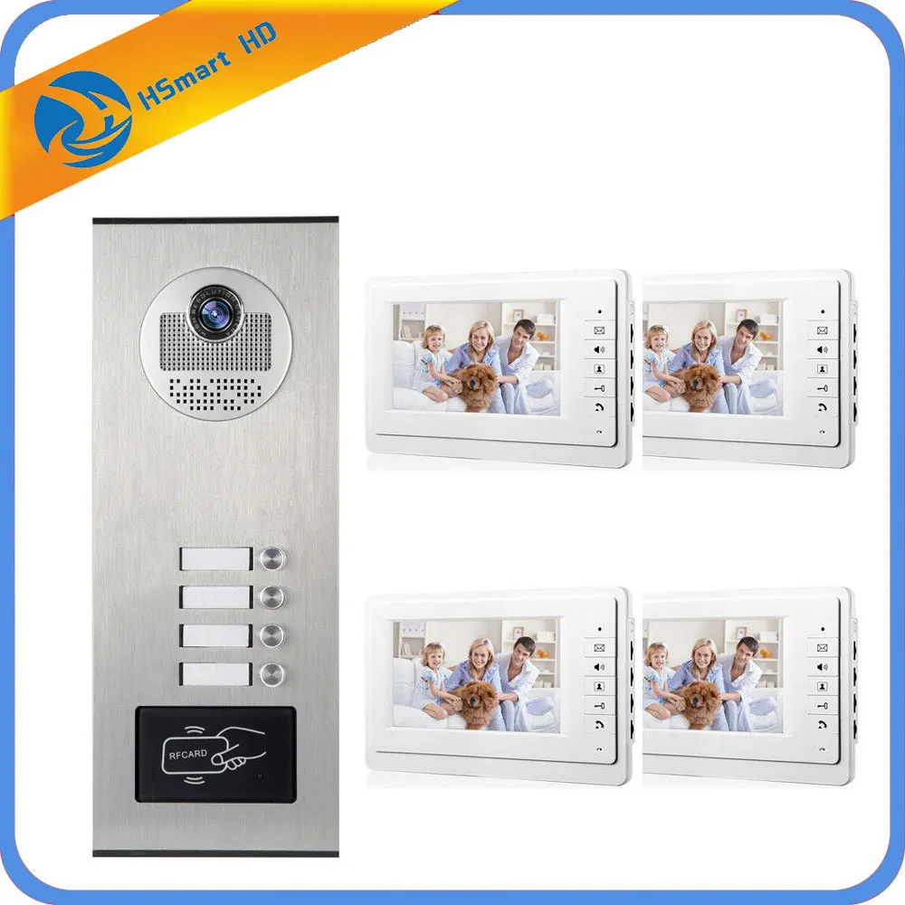 

4 Units Apartment Intercom Entry System Wired 7'' Monitor Audio Video Door Phone Bell RFID Access Door Camera for 4 Family House