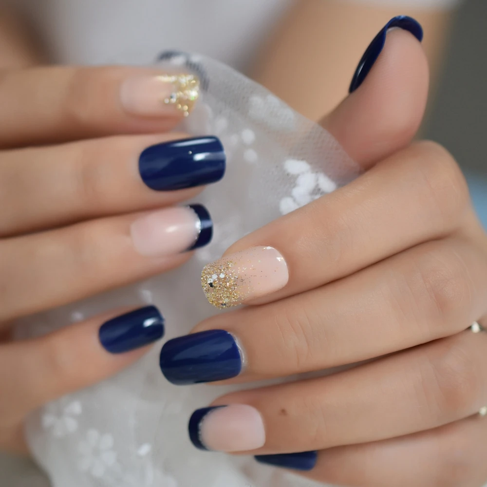 Глянцевая синяя французская смесь ногтей Блеск средний натуральный нажмите на ногти Предварительно Разработанный акриловый маникюр Советы с Gluetabs