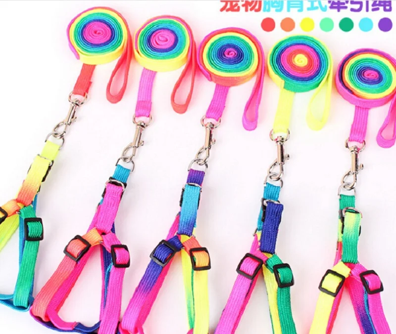 D71 Colorful Nylon Dog Harness with leash lead Cheap Rainbow Small