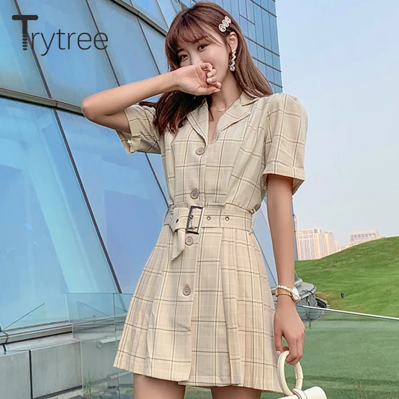 Trytree الربيع الصيف عارضة المرأة اللباس منقوشة حقق طوق حزام أزرار من البوليستر فساتين فوق الركبة ألف خط مكتب سيدة اللباس