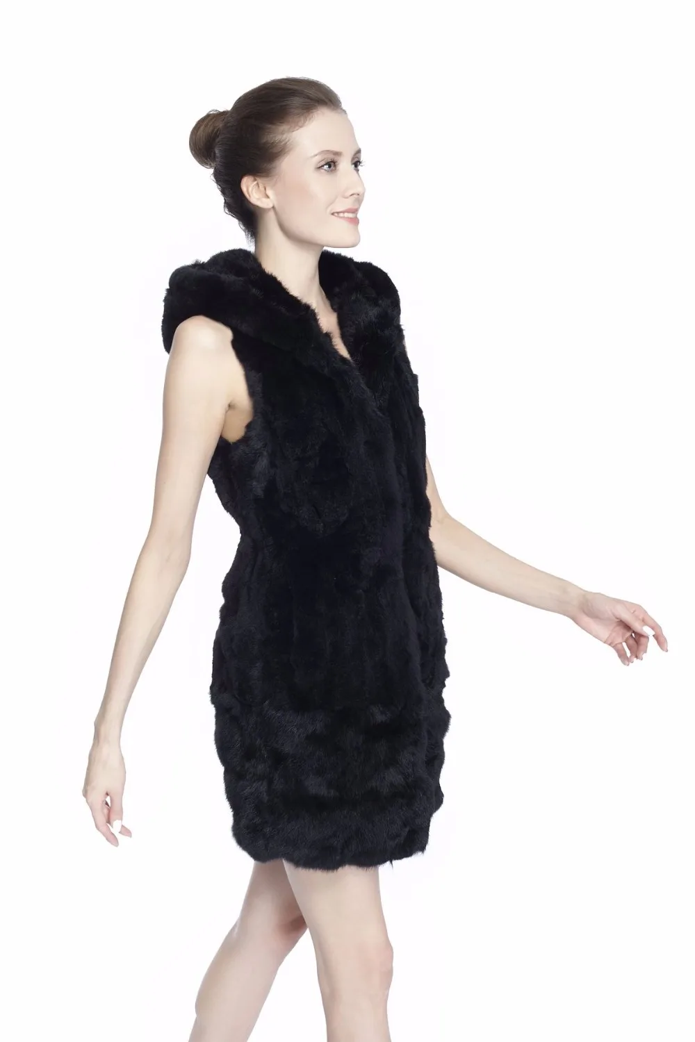 black puffer ZY88012 Women Elegant Real Winter Rex Rabbit Fur With Hooded Long Fur Vest Waistcoat Gilet Slim Fur Vest petite long puffer coat