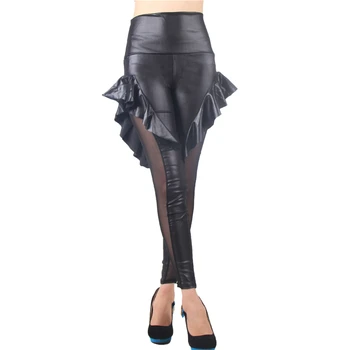 

Night club girl punk faux leather leggings high waist side mesh sexy black leggings TW2313 ruffled party pants women legins