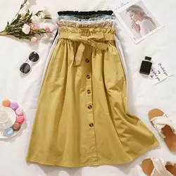 PEONFLY винтаж элегантная юбка миди для женщин одной кнопки А-силуэт Высокая талия школьные юбки женский с поясом Желтый Лето