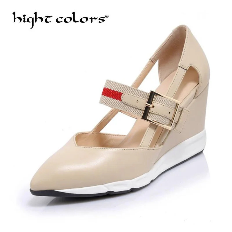 

2018 spring new genuine leather pointed wedges single shoe female high heels women pumps soft bottom shallow Mary Jane shoes