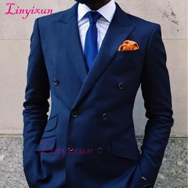 Linyixun Royal Blue Formal Men Suits for Wedding Wear 2018 Peaked Lapel Double Breasted Two Piece Groom Tuxedos Evening Dinner | Мужская
