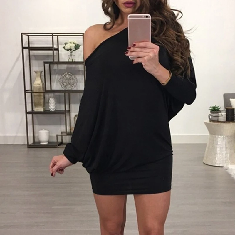 

New Fashion Mini Dress Bat Sleeve Loose Sexy Off Shoulder Package Hip Dress Spring Autumn Women Slash Neck Long Sleeve Dresses