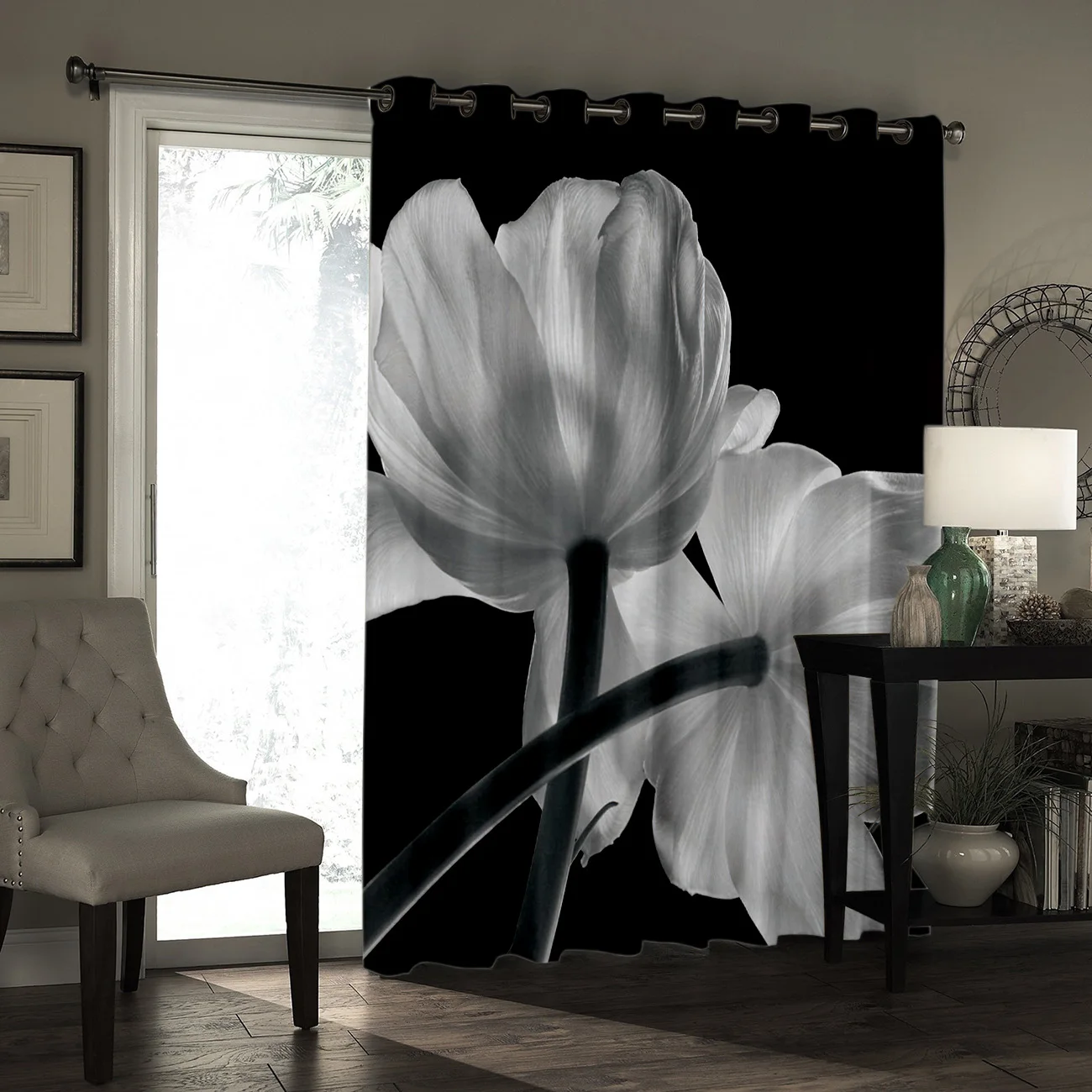 Черно-белые тюльпаны, идеи для обработки окон, для больших окон, комнаты, затемнение, французские двери, изолированный декор для ванной комнаты