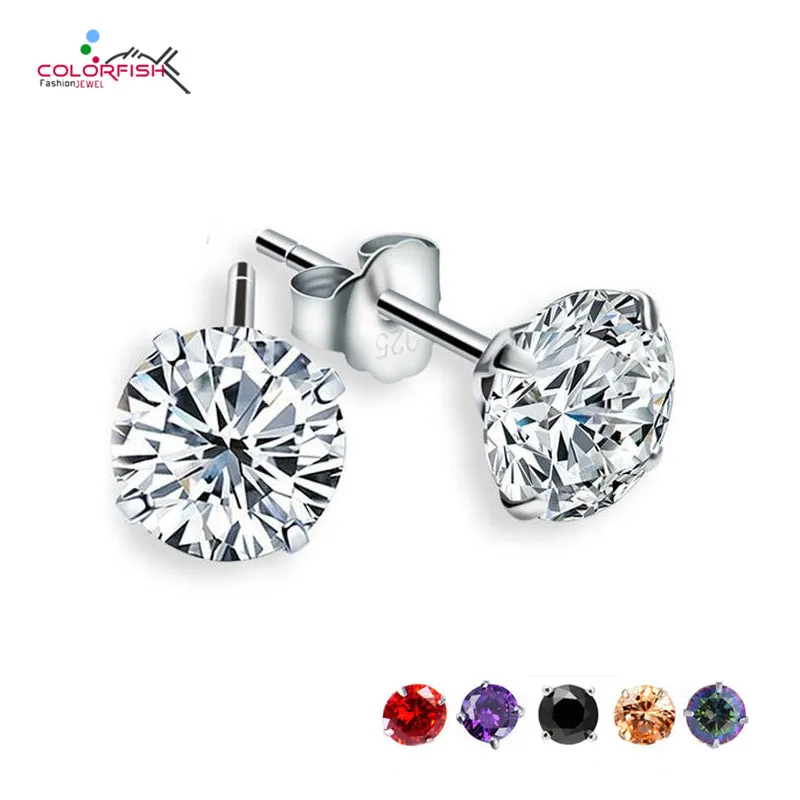 Цветные мужские и женские серьги-гвоздики в виде солитера, круглые черные, белые, фиолетовые, цвета шампанского, Cz камень, модные 925 пробы серебряные серьги