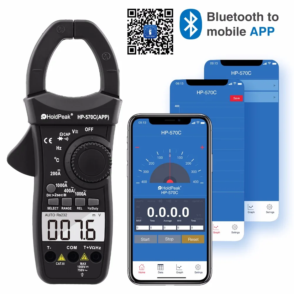 HoldPeak цифровой клещи HP 570C APP 1000A AC/DC тока Напряжение емкость Температура мультиметр