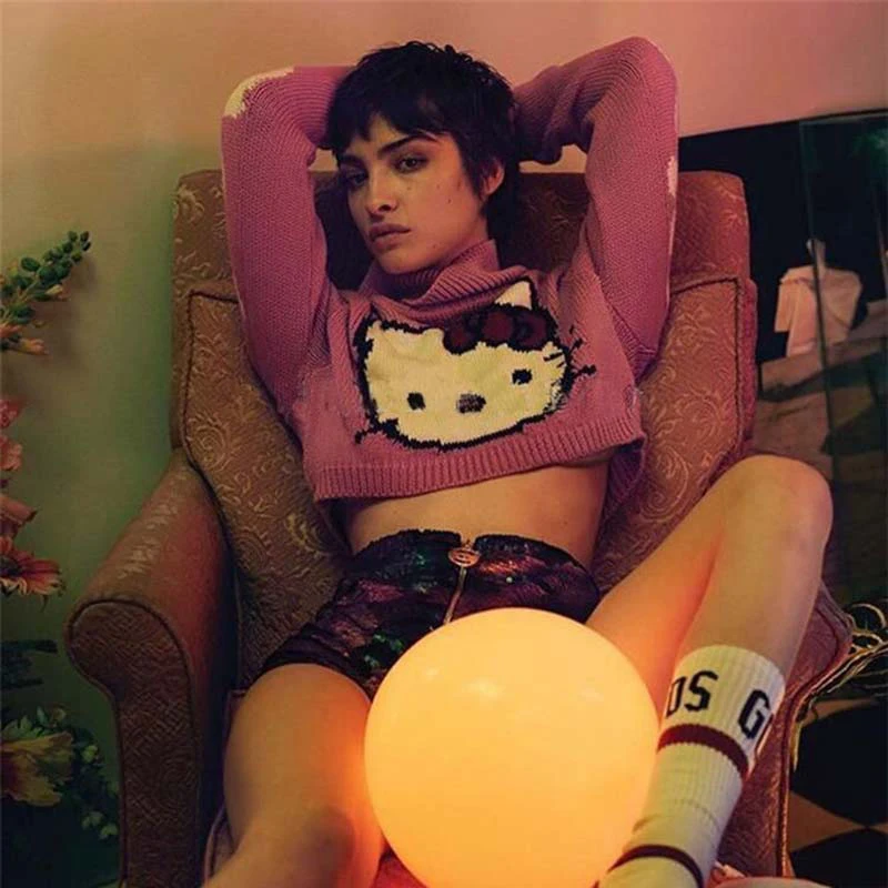 Cut Sweet 3D Cartoon Hello Kitty Pink Women's Pullovers Turtleneck Sweater Tops Long Sleeve Leaky Waist Short Knitted Sweaters