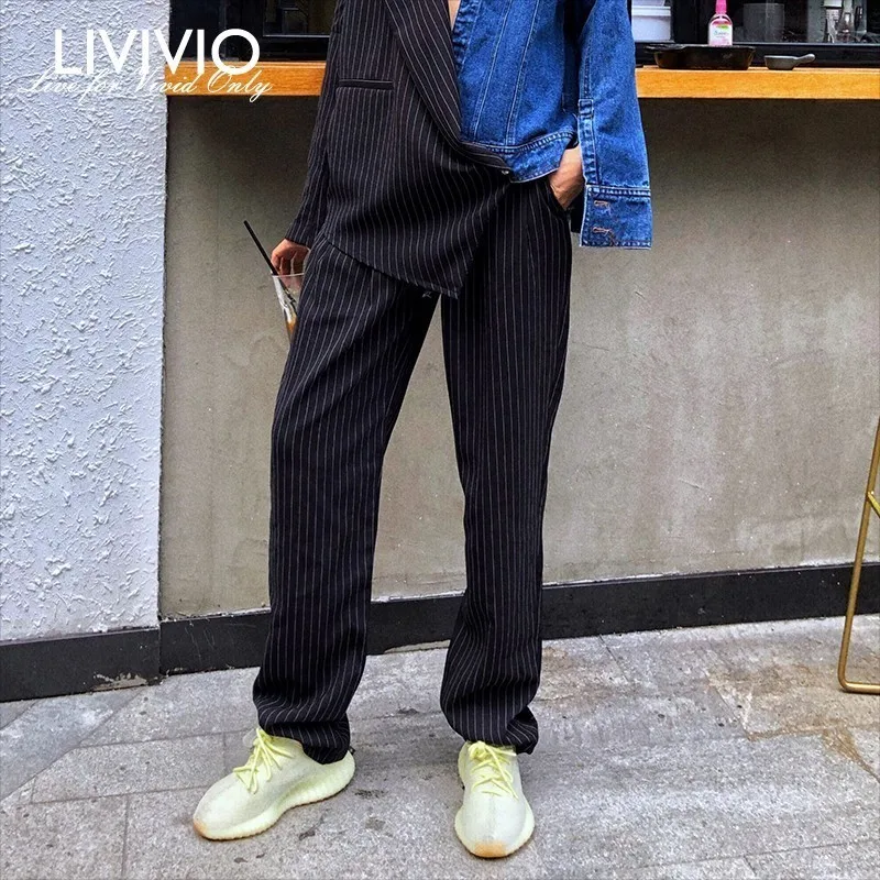 

[MENKAY] Ripped Fringe Denim Patchwork Striped Women Trousers Loose Straight Pants Female Fashion 2019 Summer New Streetwear