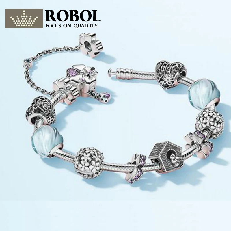 

ROBOL 100% Sterling Silver Brand New 1:1 Elegant Fresh Floral Charm Temperament Holiday Relaxing Inspiration Bracelet Set