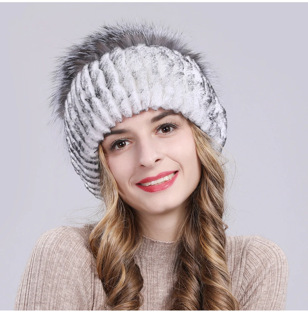 Outdoor Women Warm Soft Genuine Rex Rabbit Fur Hat Knitted Natural Real Sliver Fox Fur Caps Winter Real Rabbit Fur Beanies Hats