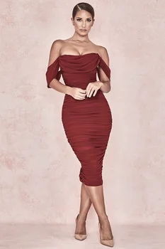 

2019 Dress Sexy Celebrity Backless Slash NeckWomen Strapless Draped Slit Night Club Sleeveless Body con Party Dresses Wholesale