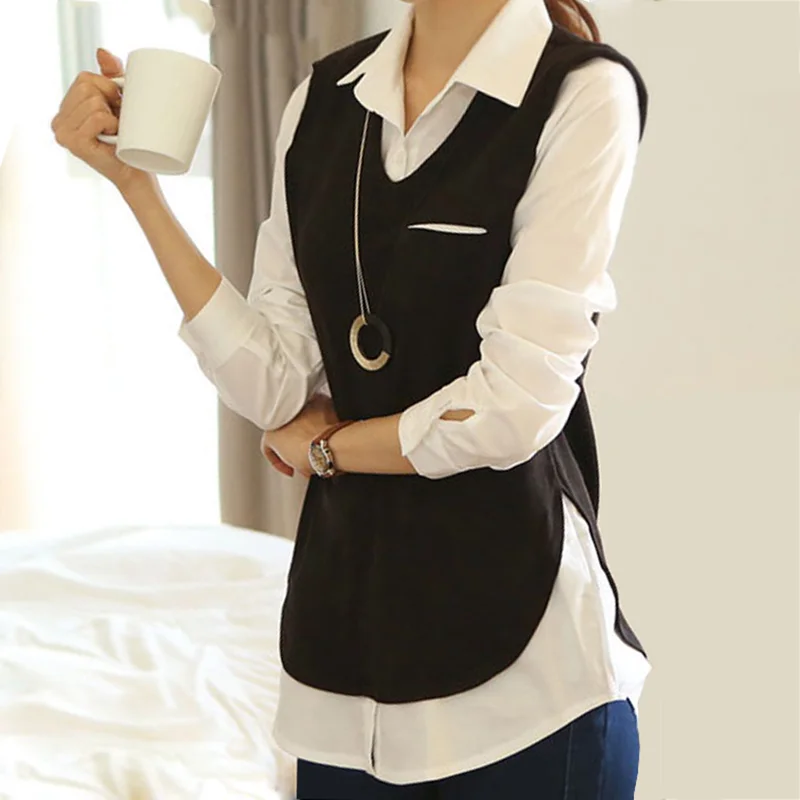 4xl плюс большие размеры Топы женские корейские весенние осенние женские поддельные две части свободные тонкие с длинным рукавом блузки рубашки женские A1274