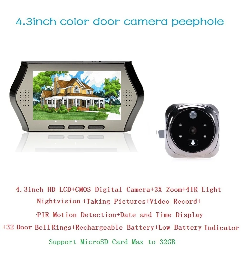 

Hot peephole door camera 4.3 inch LCD 0.3Megapixels PIR motion detection IR night vision 32 Rings Multi-language peephole camera