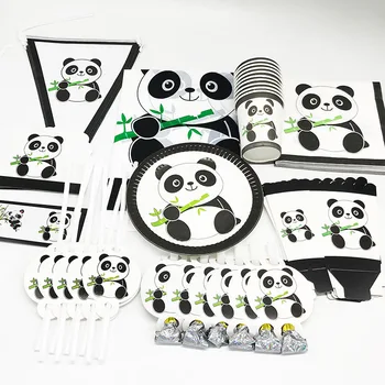 

95pcs/pack Panda theme disposable tableware set plates cups napkins straws banner Panda theme birthday party decoration