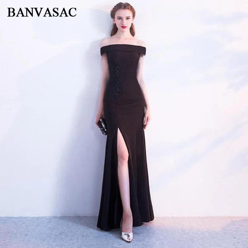 

BANVASAC 2018 Boat Neck Lace Flowers Appliques Split Mermaid Long Evening Dresses Party Short Sleeve Backless Prom Gowns
