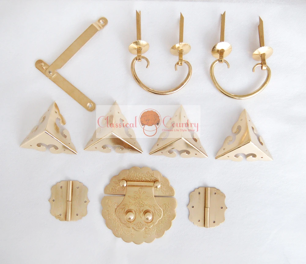 Brass Hardware Set Hinges Latch Handle Corners Antique Trunk Case