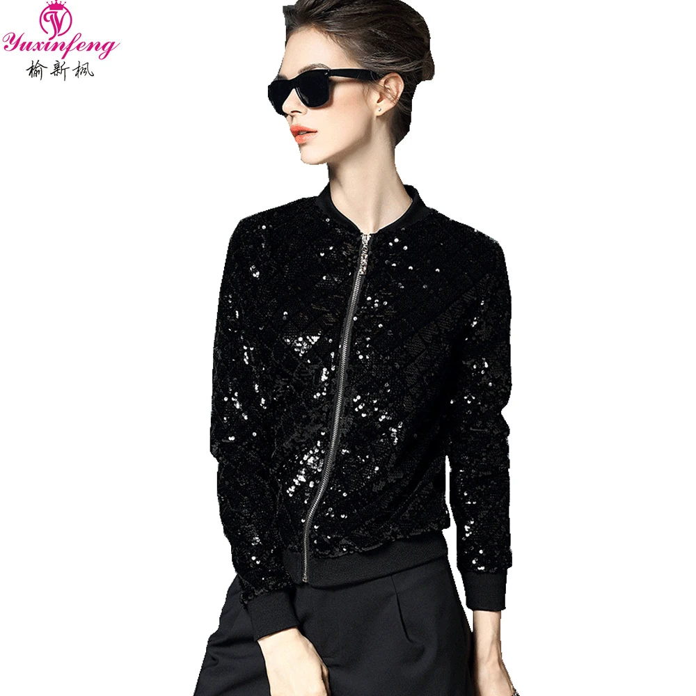 Yuxinfeng WomenLong Sleeve Sequin Jacket Plus Size Black Bomber Jackets
