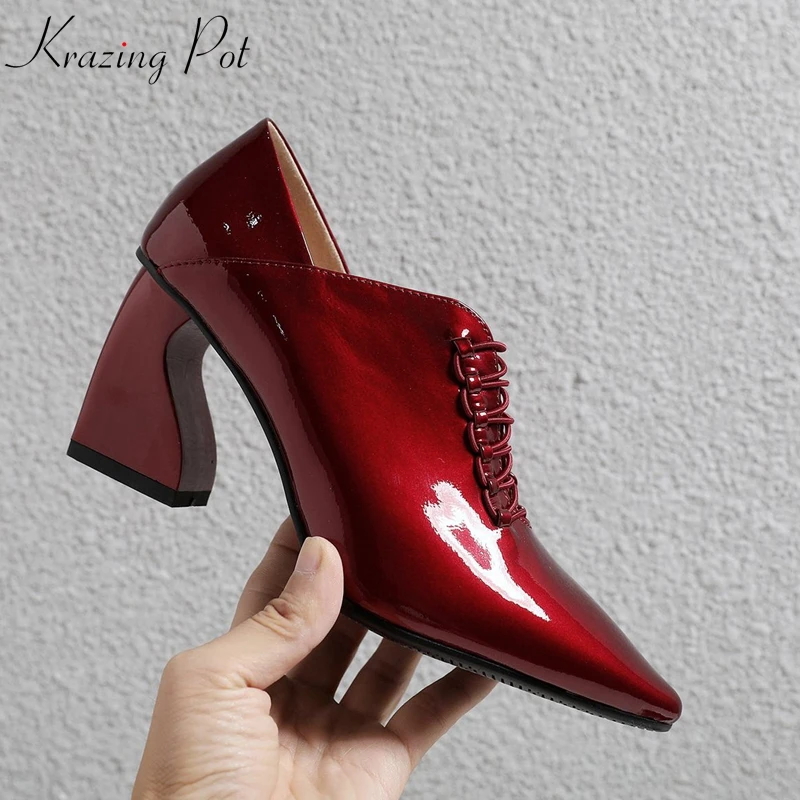 

KRAZING POT 2019 Spring genuine leather brand shoes thick high heels women pumps pointed toe princess design career shoes L36
