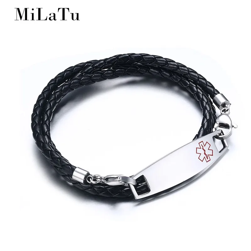 

Men's Medical Alert ID Bracelet Bangle Stainless Steel Multilayer PU Leather Bracelet For Women Men Jewelry B443
